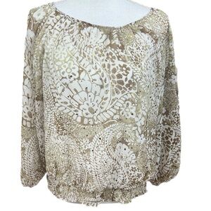 🔥🔥Cathy Daniels Size Large Tan/White Top 3/4 Sleeve With Gold Sequins